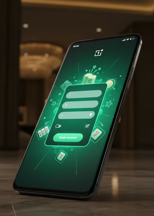 A vibrant screenshot of the Lucky Fox Casino registration form on a mobile device, highlighting the quick 4-step process and welcome bonus offer.